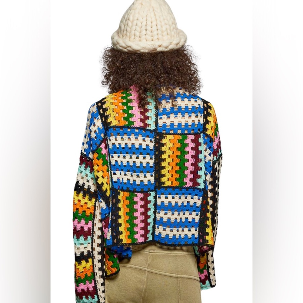 POL Colorful Crocheted Patchwork Open Front Cardigan Sweater Boho Statement - Picture 7 of 9